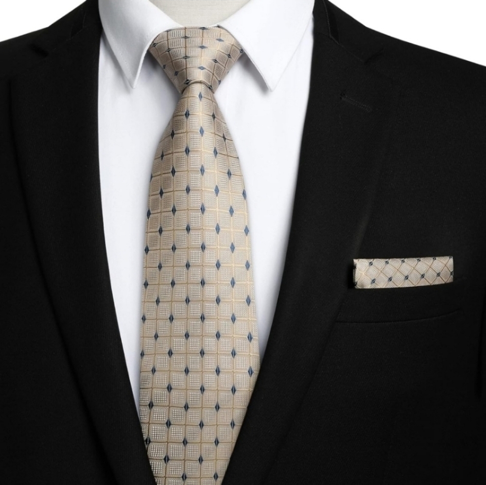 Hisdern Beige & Blue Checkered Tie with Matching Pocket Square, Silk Blend, NIB
